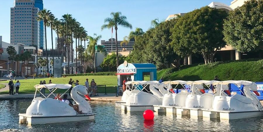 Long Beach: Swan Boat Rental at Rainbow Lagoon - Looking toward Rainbow Harbor and Parker’s Lighthouse