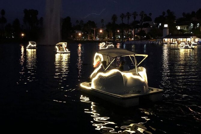 Swan Boat Night Ride at Echo Park Lake - Pedaling a glowing swan around the open section